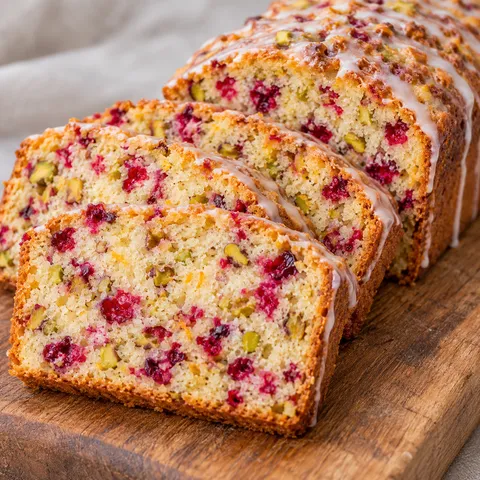 Keks pomarańczowy z żurawiną i pistacjami, pokrojony na kromki