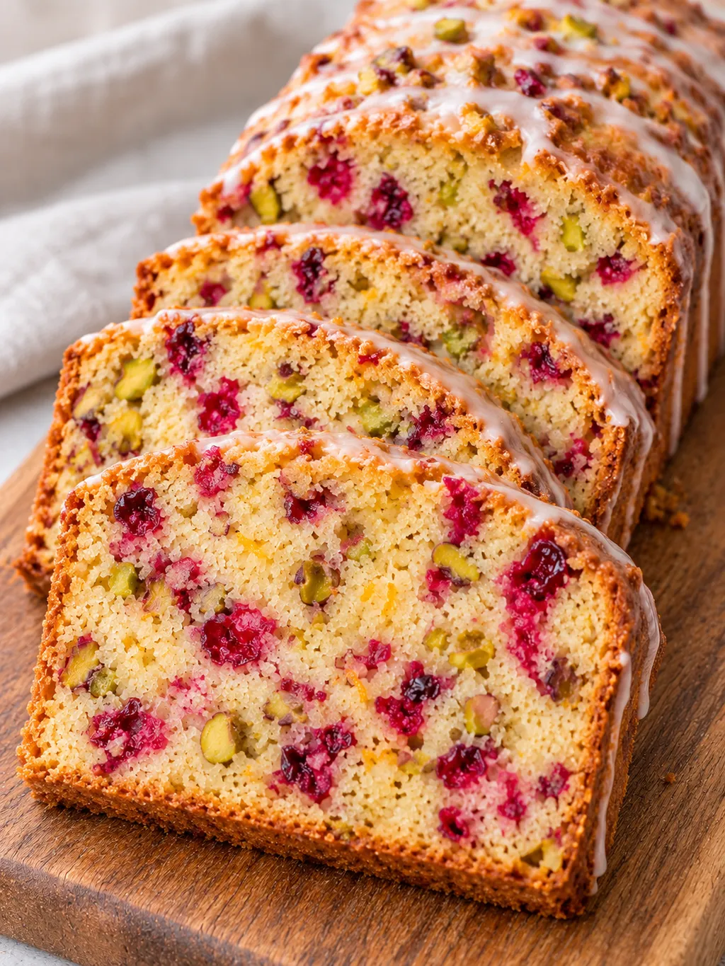 Pokrojony keks pomarańczowy z żurawiną, pistacjami i polewą na desce