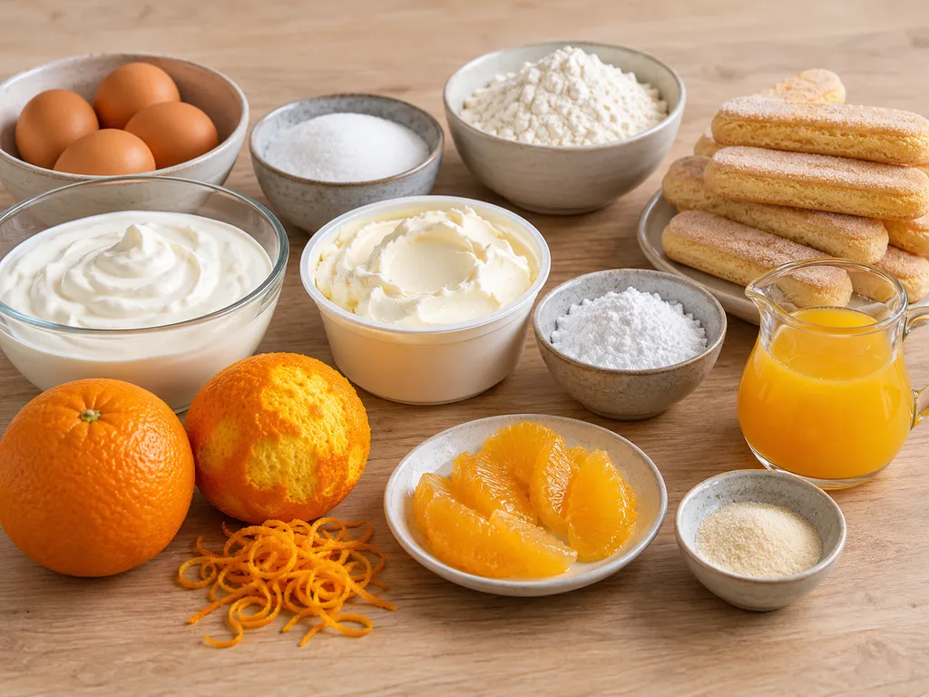 Składniki na tort pomarańczowy: jajka, śmietanka, mascarpone, pomarańcze i herbatniki