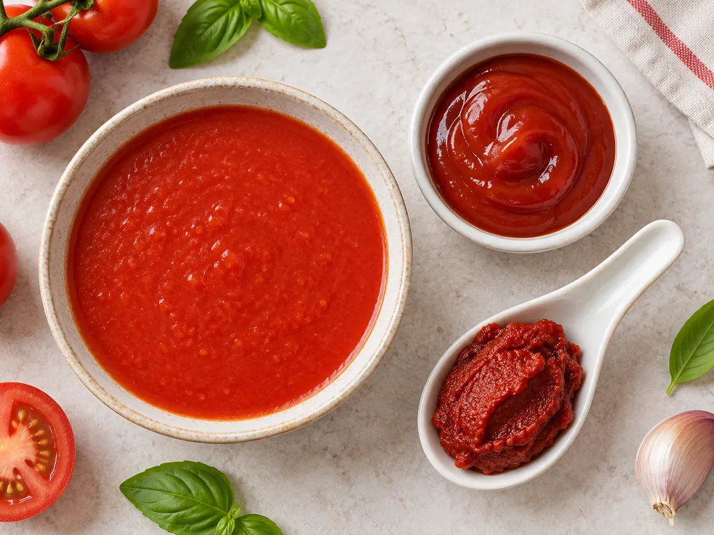 Passata, koncentrat na łyżeczce i ketchup podane w różnych niewielkich porcjach.