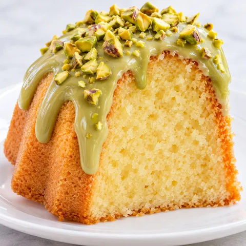 Kawałek babki z mascarpone z błyszczącą zieloną polewą pistacjową i posiekanymi pistacjami