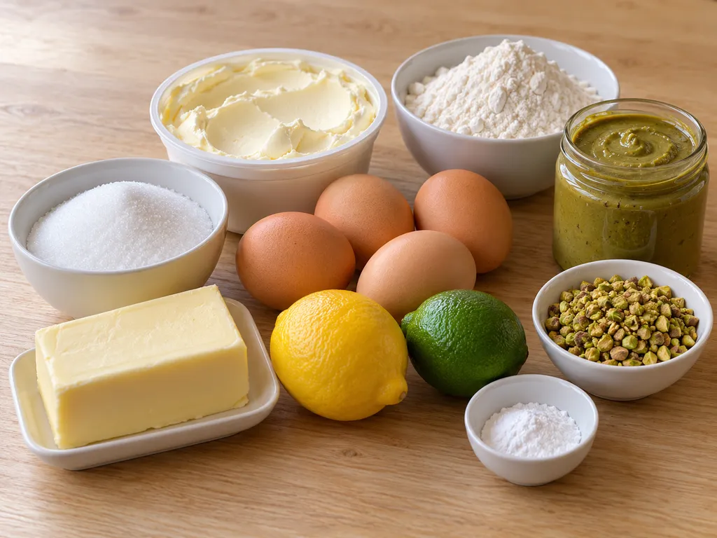 Składniki na babkę z mascarpone: masło, cukier, mascarpone, jajka, cytryna, mąka i krem pistacjowy
