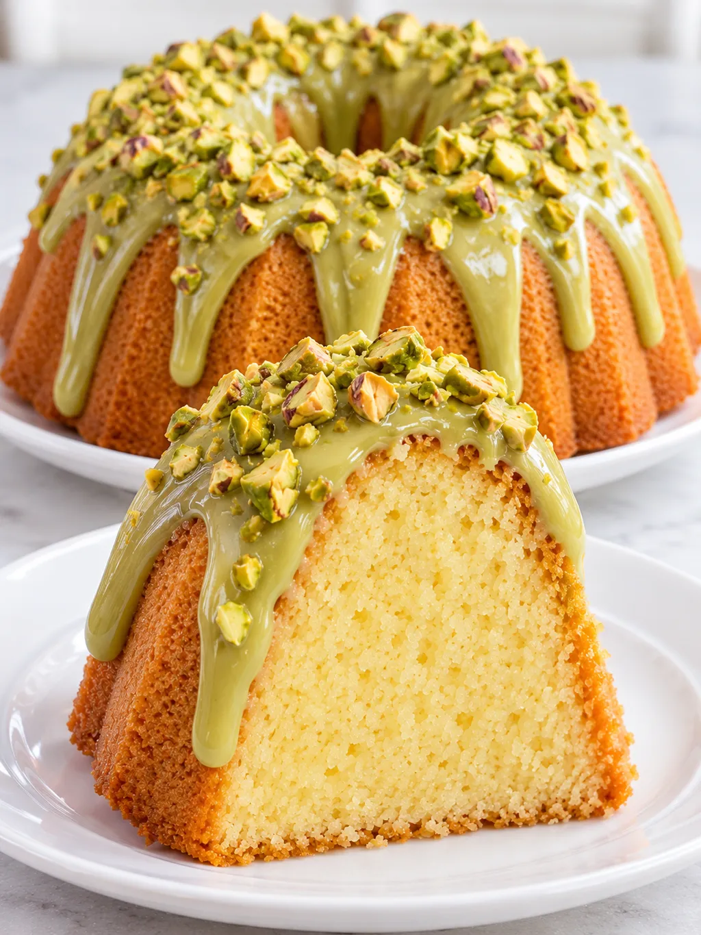 Cała babka z mascarpone i kawałek na talerzu, oblane zieloną polewą pistacjową z pistacjami