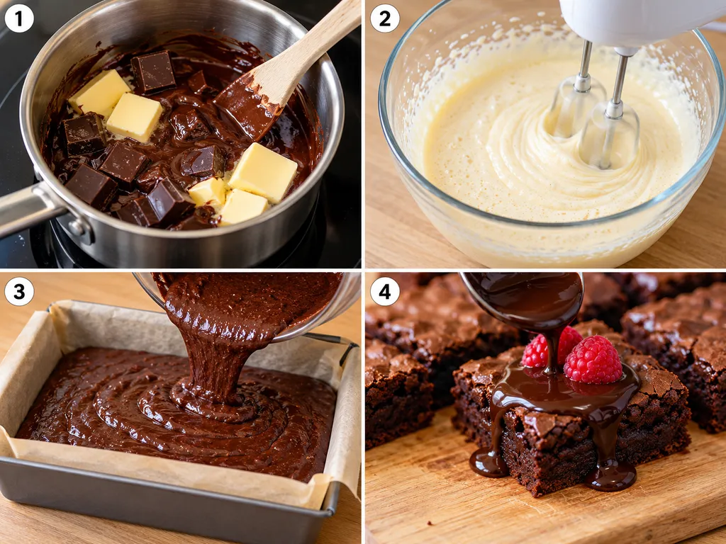 Cztery etapy przygotowania brownie z sosem czekoladowym, od topienia czekolady po polewanie sosem
