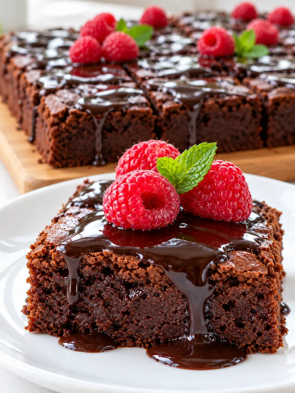 Taca brownie z sosem czekoladowym w tle i jedna kostka na talerzu na pierwszym planie