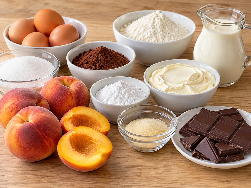 Składniki na brzoskwiniowiec z czekoladą: jajka, kakao, śmietana, mascarpone, brzoskwinie
