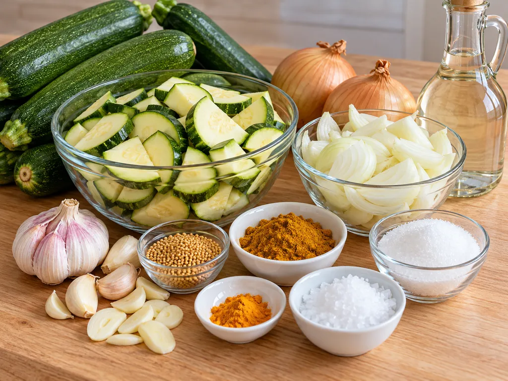 Surowe składniki na cukinię w curry: cukinia, cebula, czosnek, curry i ocet