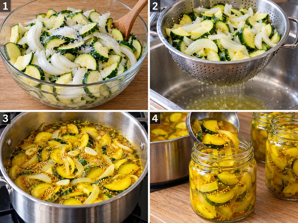 Cztery etapy przygotowania cukinii w curry od solenia do słoików