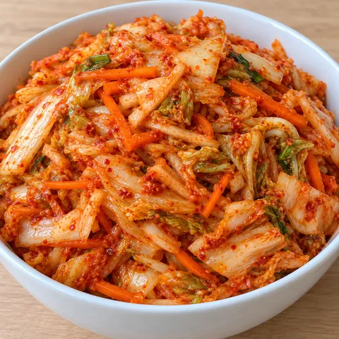 Kimchi z kapusty pekińskiej w ostrej czerwonej paście w białej misce