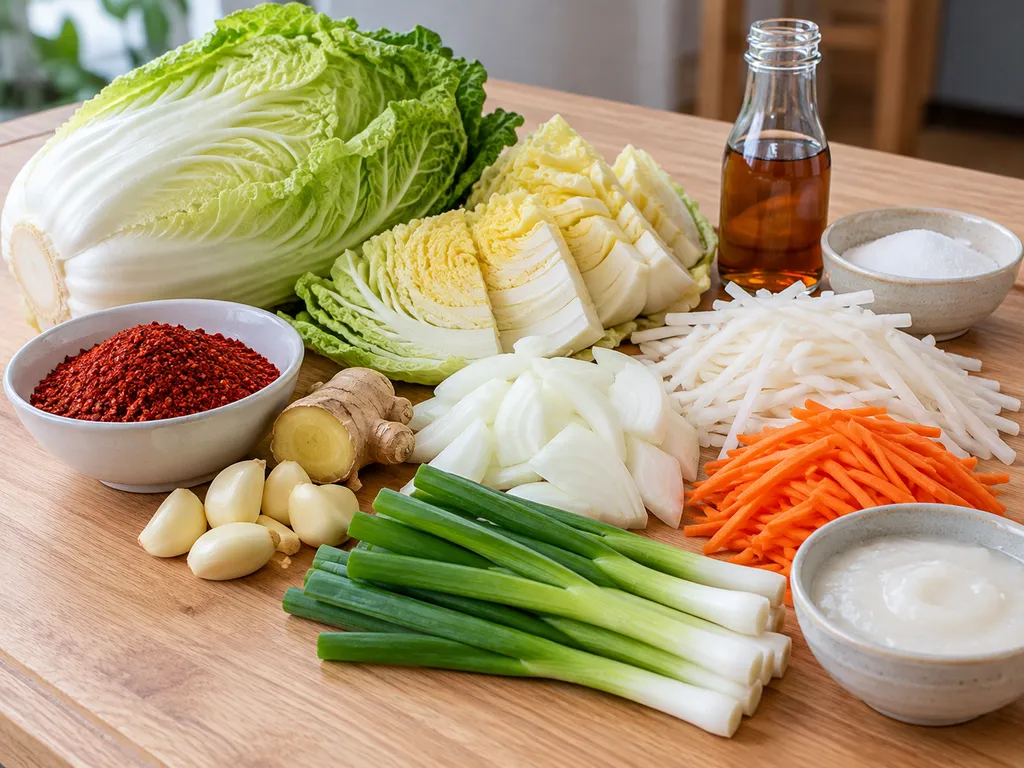 Surowe składniki na domowe kimchi: kapusta pekińska, gochugaru, czosnek i rzodkiewka