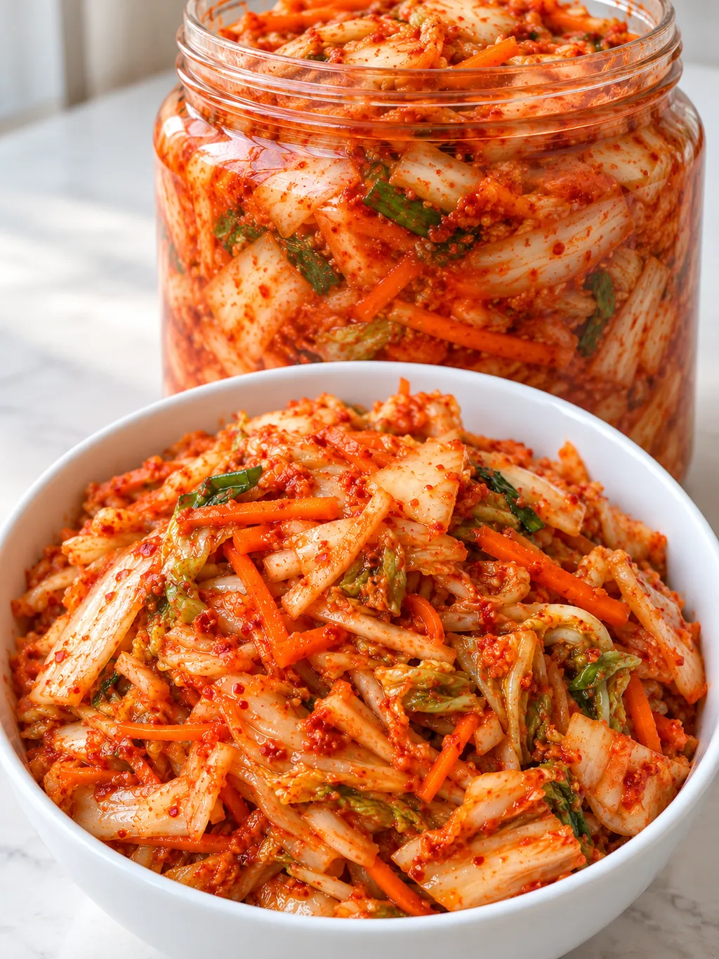 Słoik domowego kimchi i miska z porcją ukiszonej kapusty pekińskiej