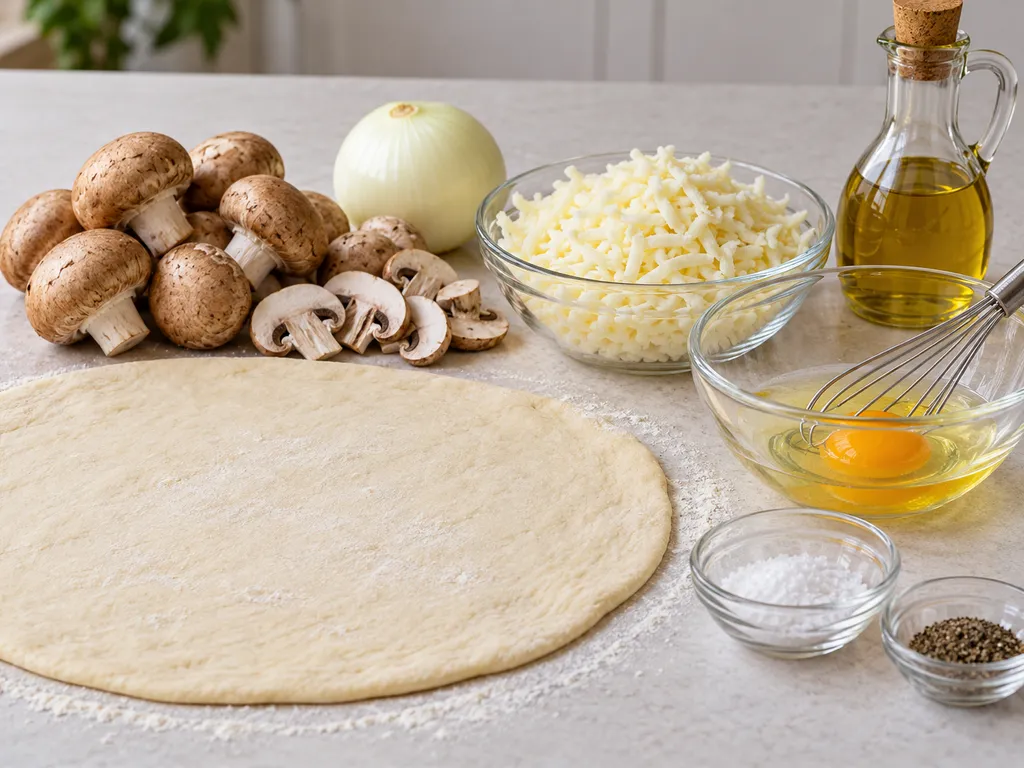 Surowe składniki na kulki imprezowe: ciasto na pizzę, pieczarki, cebula, mozzarella i jajko