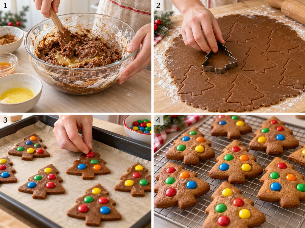 Etapy pieczenia piernikowych choinek z M&Msami od ciasta do upieczenia