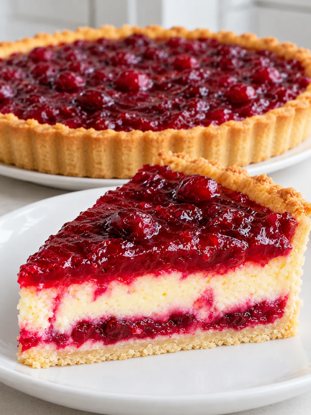 Cała tarta serowo-żurawinowa i jeden jej kawałek na białym talerzu