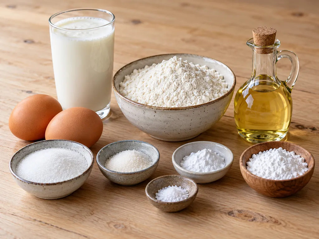 Składniki na puszyste placuszki: kefir, jajka, mąka i cukier