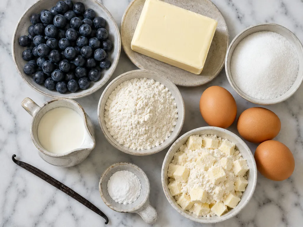 Raw ingredients for blueberry crumble cake including blueberries, butter, flour and eggs
