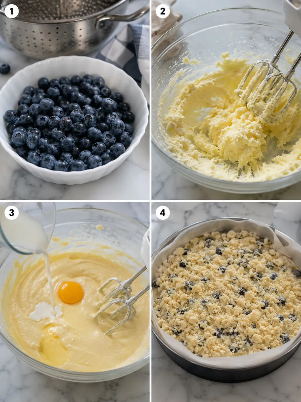 Four steps of making blueberry crumble cake from batter to topping with streusel