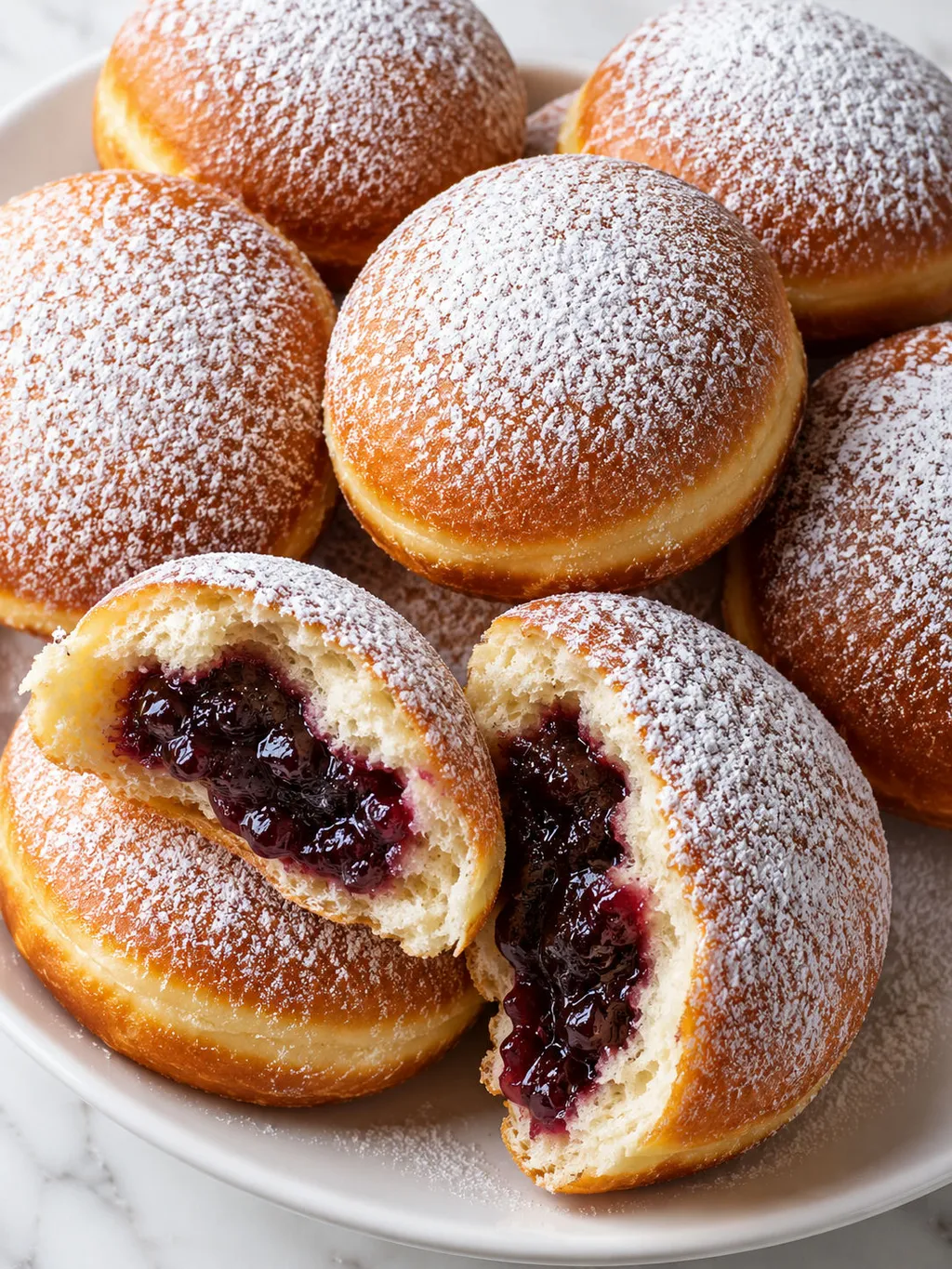 Polish paczek split open showing plum jam filling, dusted with powdered sugar