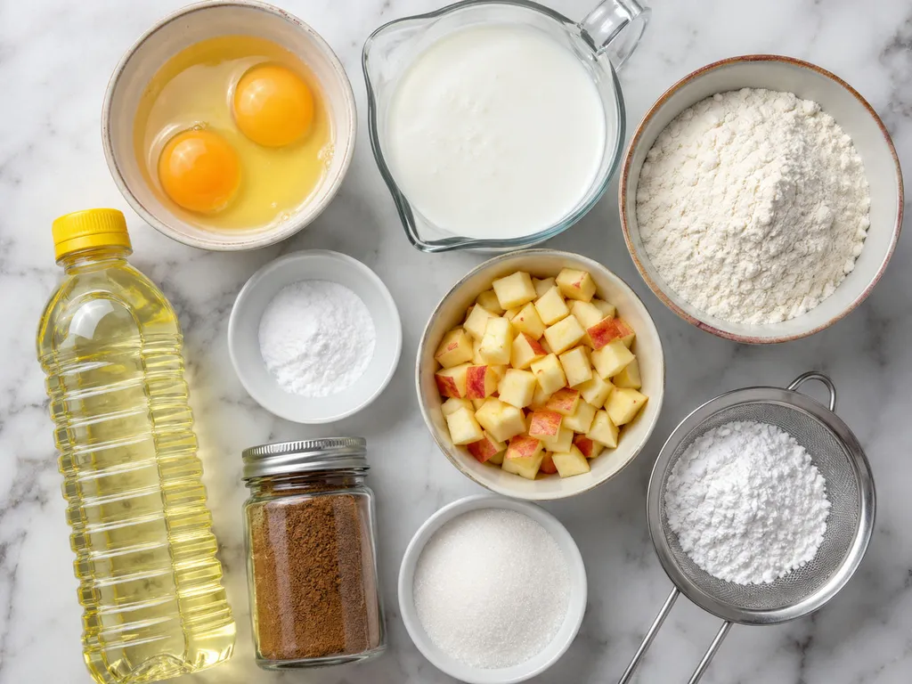 Raw ingredients for racuchy including buttermilk, eggs, flour, apple and cinnamon