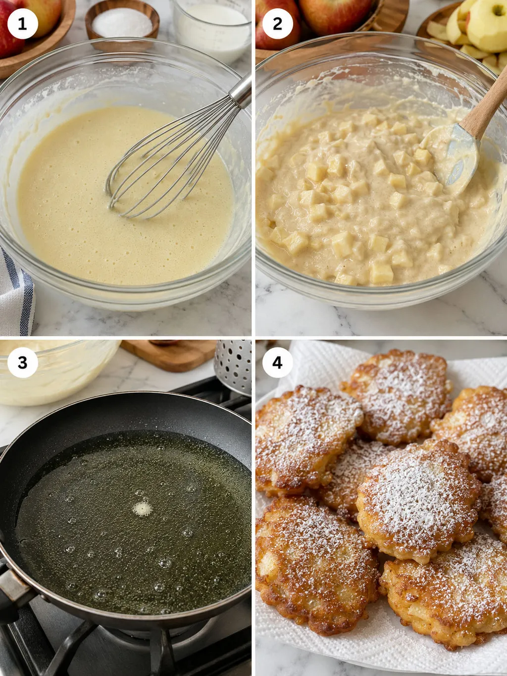 Four steps of making racuchy from mixing batter to frying and dusting with sugar