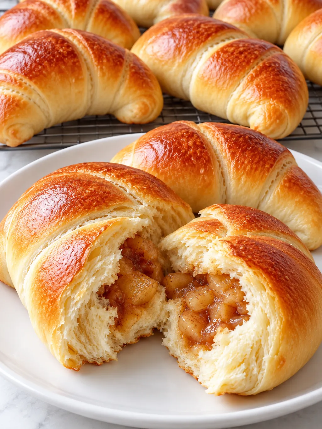 Talerz rogalików drożdżowych z jabłkami na tle pełnej blachy świeżo upieczonych rogalików