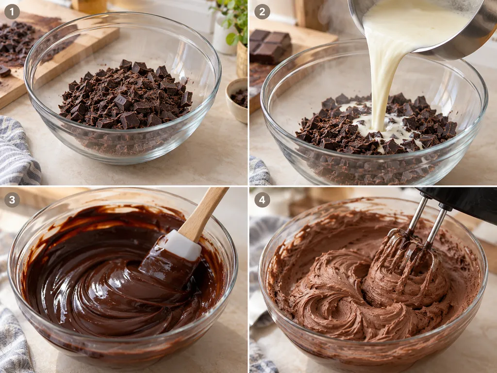 Etapy przygotowania deseru ganache od czekolady do puszystego kremu
