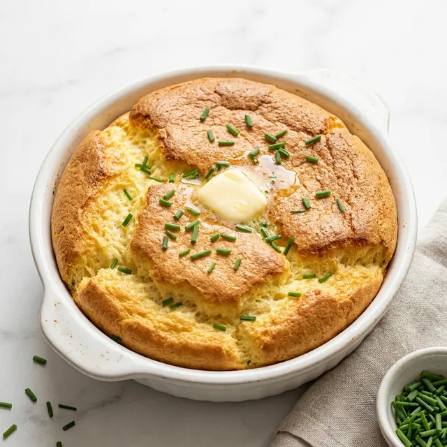 Puszysty omlet z piekarnika w białym ceramicznym naczyniu ze szczypiorkiem