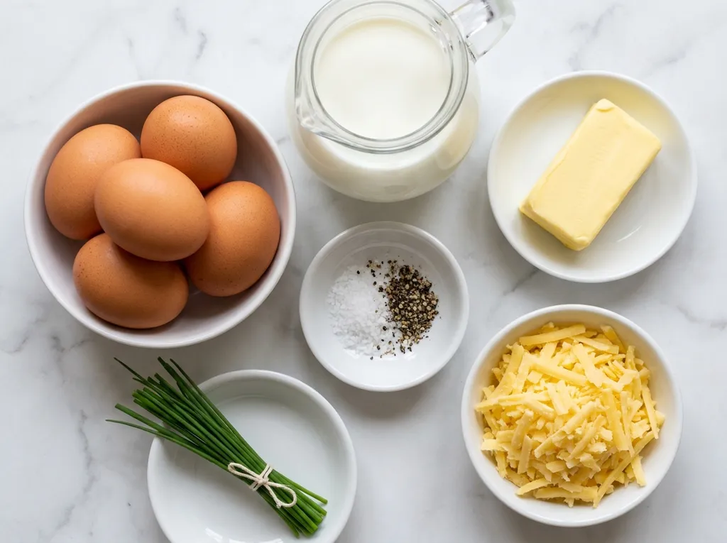 Surowe składniki na puszysty omlet z piekarnika: jajka, mleko, masło i szczypiorek