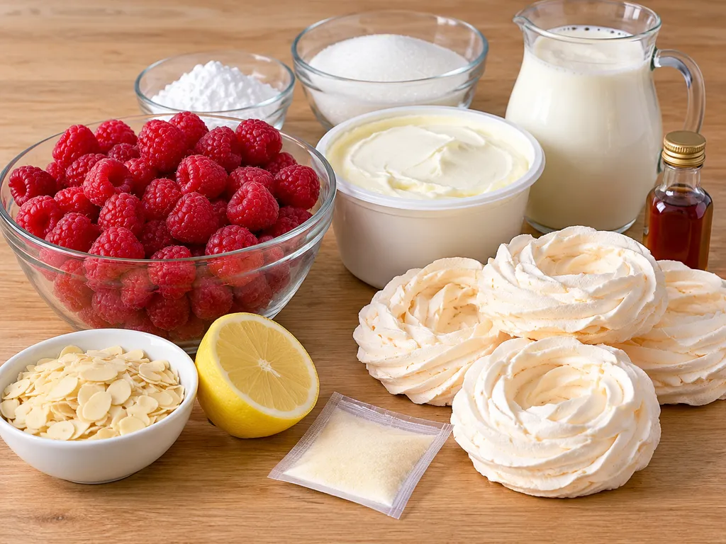 Surowe składniki na deser malinowa chmurka, maliny, mascarpone, śmietana i beza