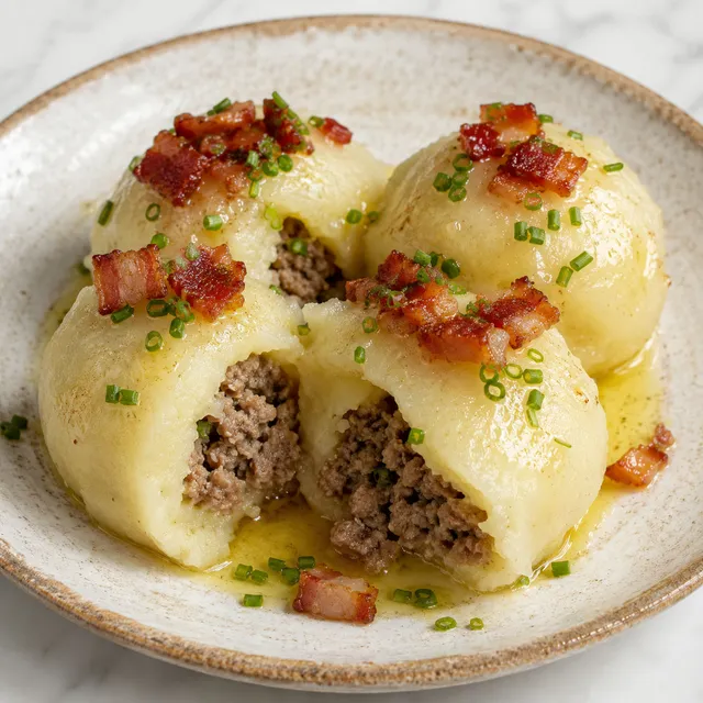 Polish potato dumplings pyzy filled with meat, drizzled with butter and bacon bits