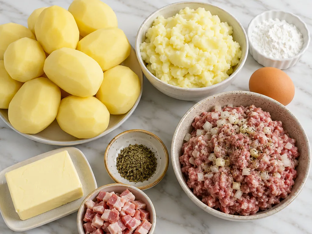 Raw potatoes, potato starch, egg and seasoned ground meat for making pyzy dumplings