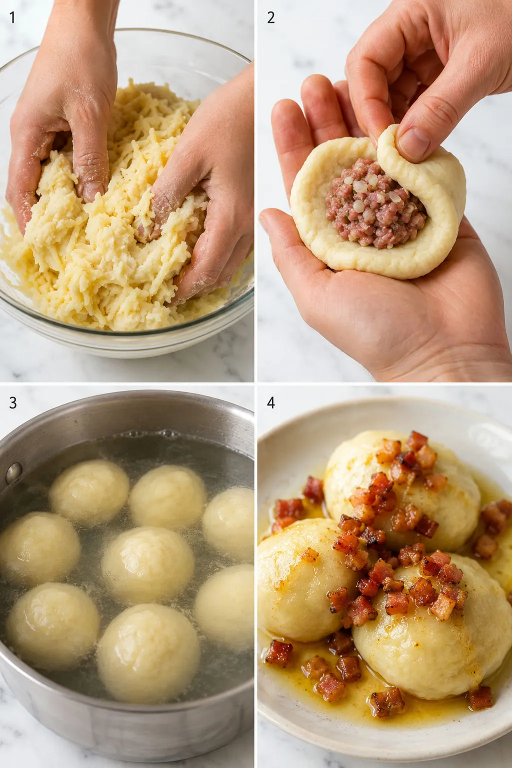 Four steps of making Polish potato dumplings from kneading dough to serving with butter