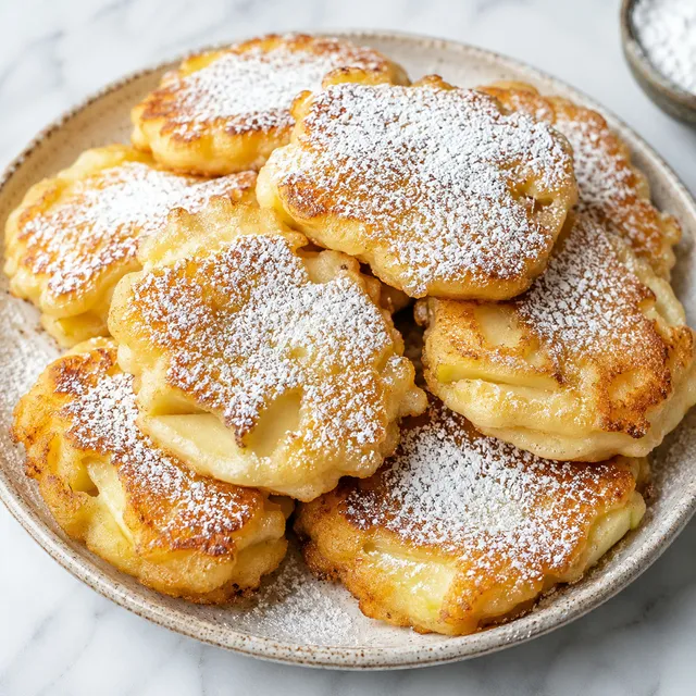 Golden Polish racuchy yeast pancakes with apple slices dusted with powdered sugar
