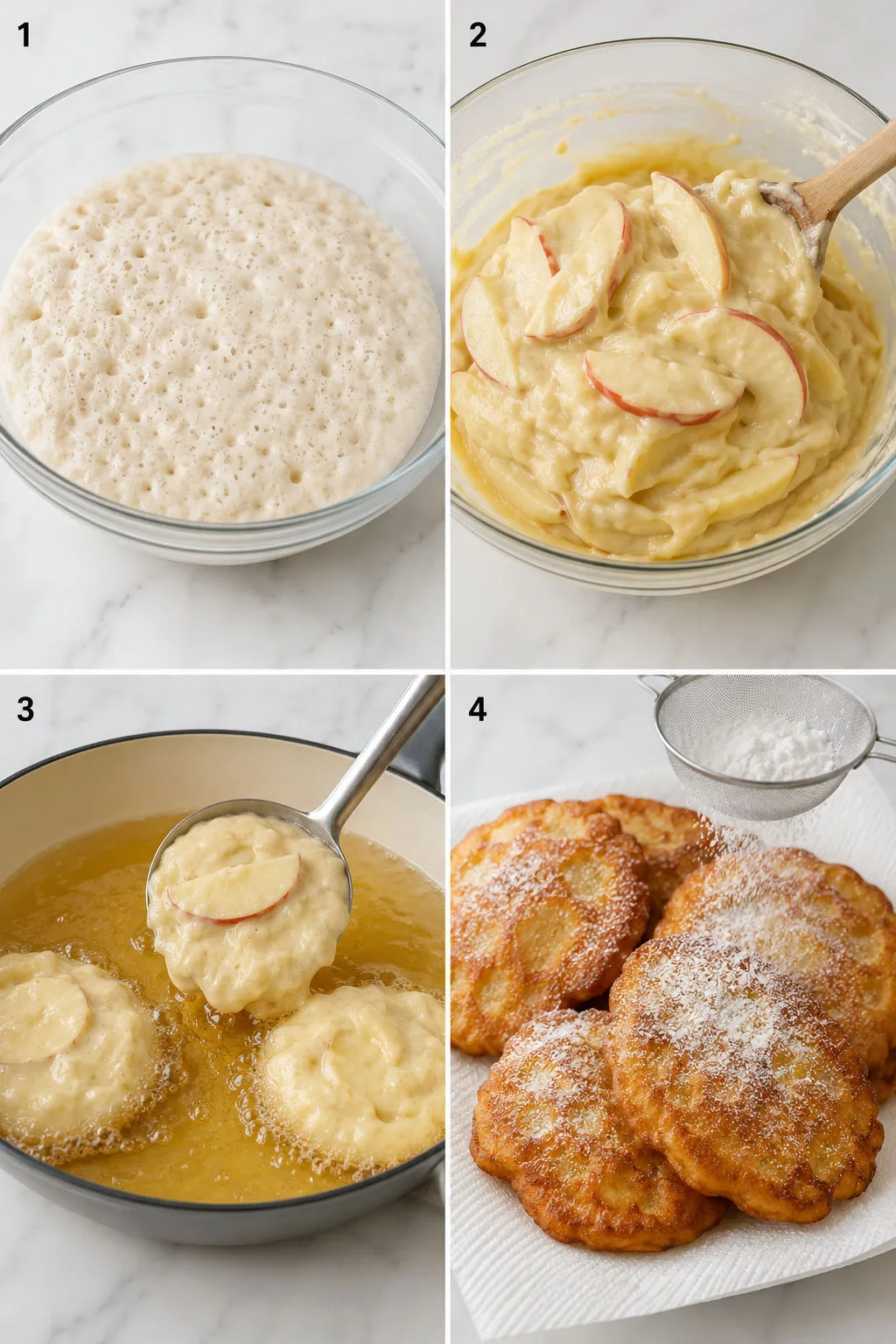 Four steps of making Polish yeast racuchy from starter to golden fried pancakes