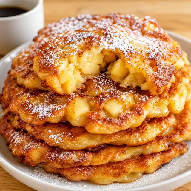 Stack of golden fried apple racuchy pancakes dusted with powdered sugar