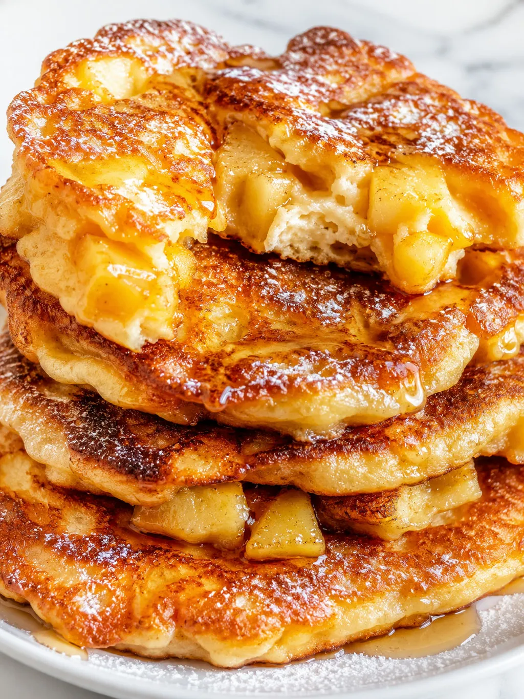 Torn apple racuchy pancake with powdered sugar and honey drizzle