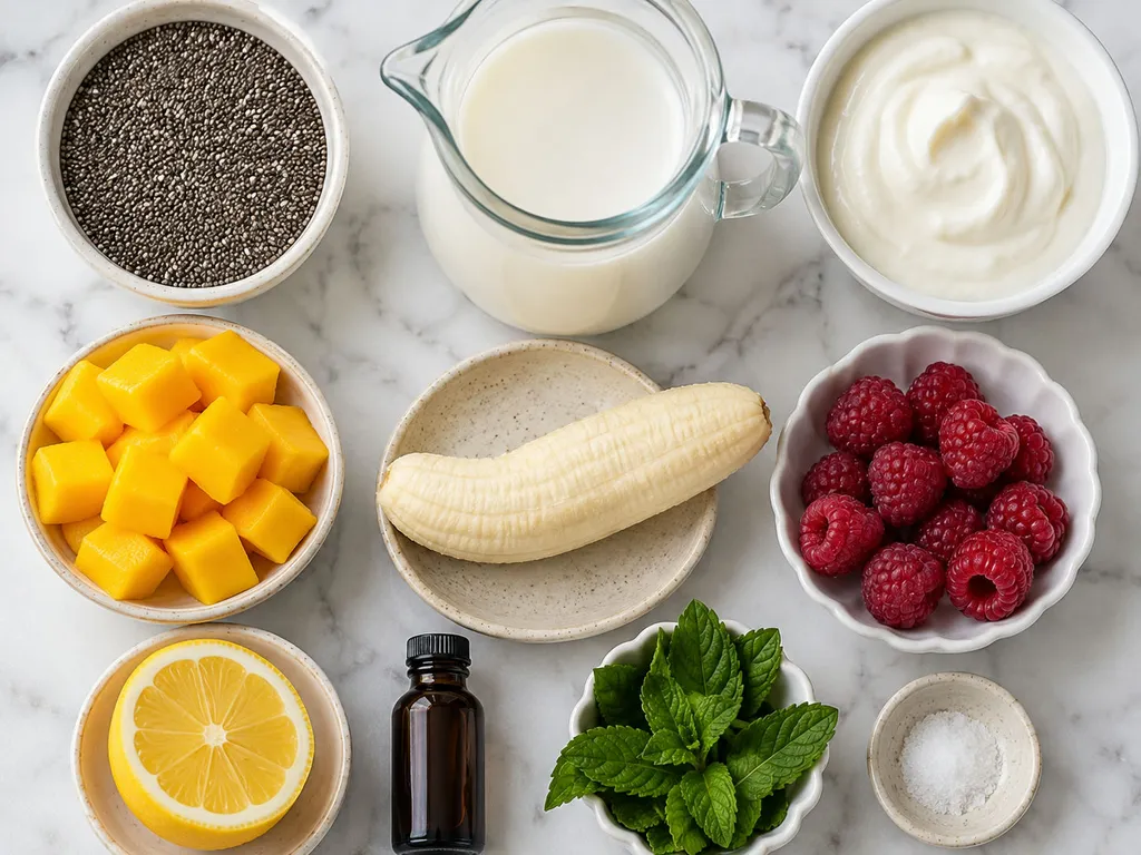 Ingredients for chia mango dessert cups on a wooden surface