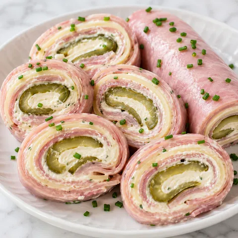 Ham, cheese and pickle rollups sliced in half showing a spiral cross-section on a white plate