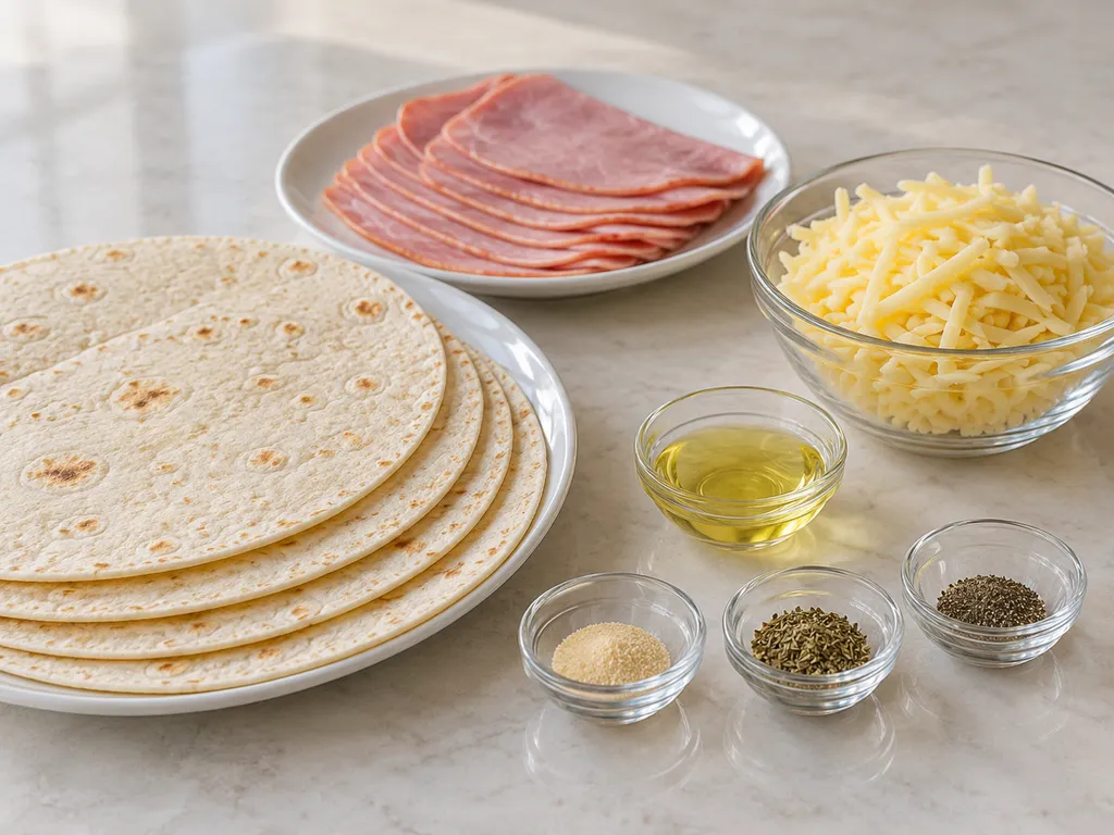 Tortille, szynka, starta gouda, olej, czosnek granulowany, oregano i pieprz