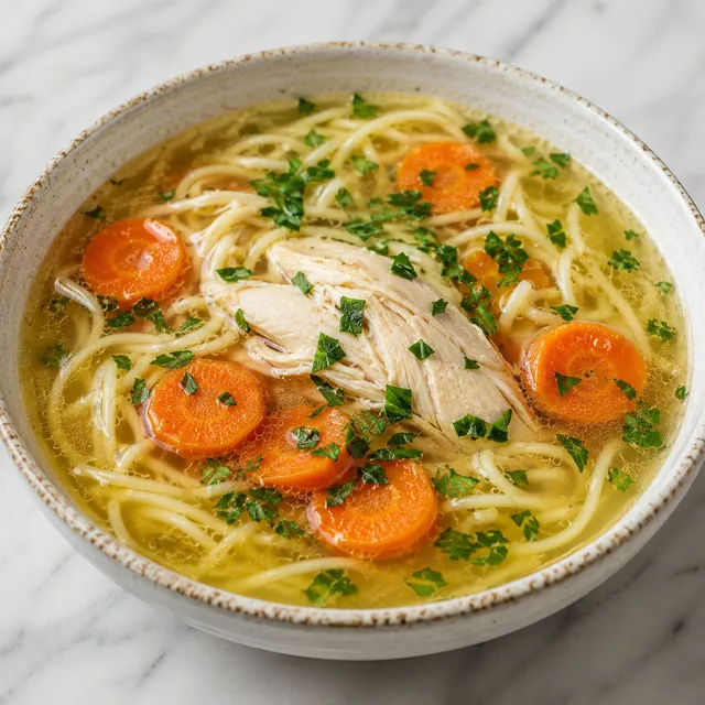 Golden Polish chicken rosół with thin noodles, carrot rounds and parsley in a white bowl