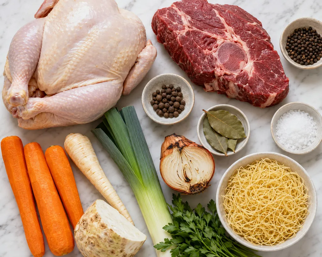 Raw chicken, root vegetables, charred onion and thin noodles for Polish rosół