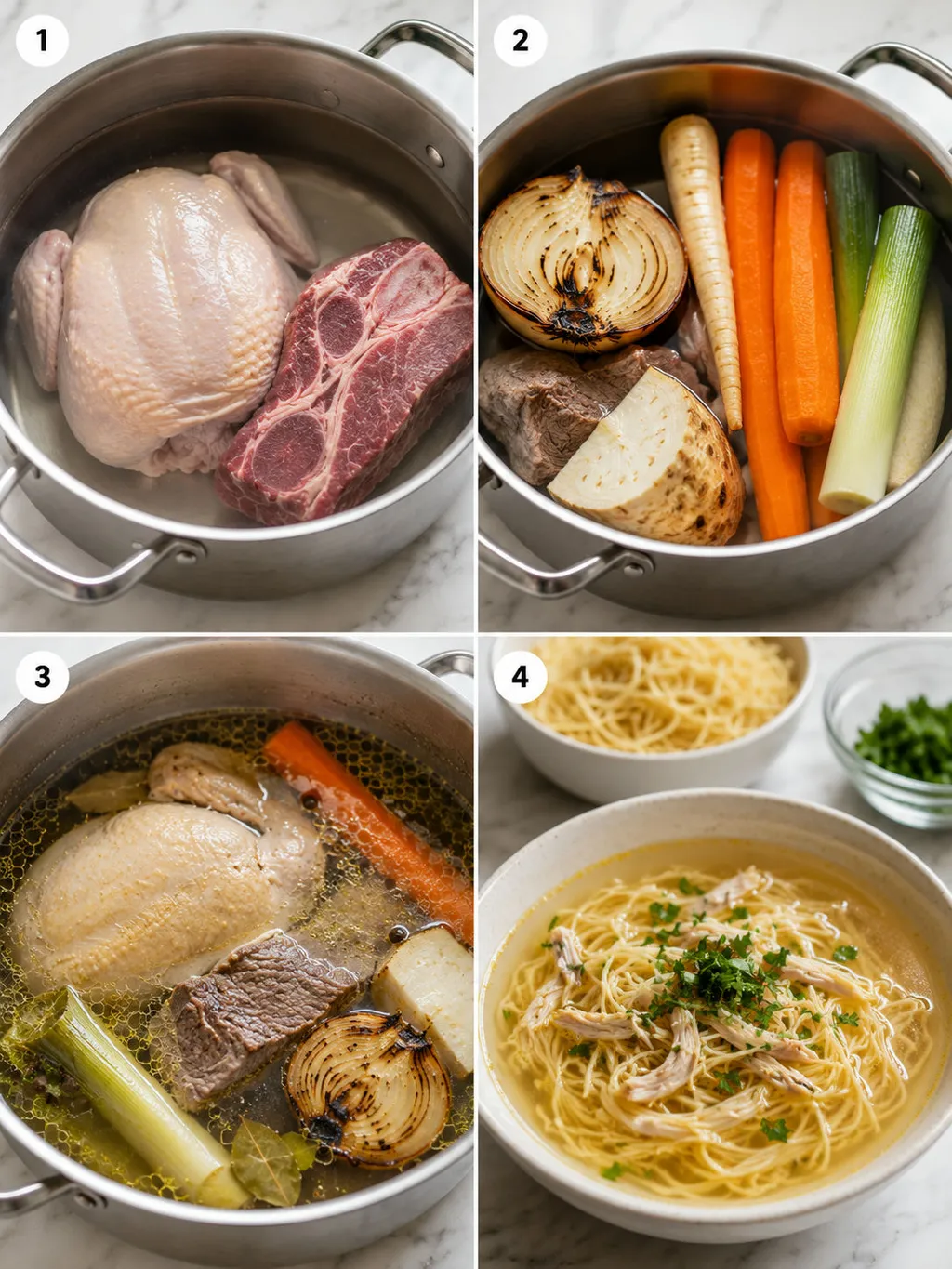 Four steps of making Polish rosół from raw chicken to strained golden broth