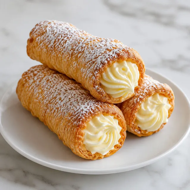 Golden crispy pastry horns filled with thick vanilla cream, dusted with powdered sugar