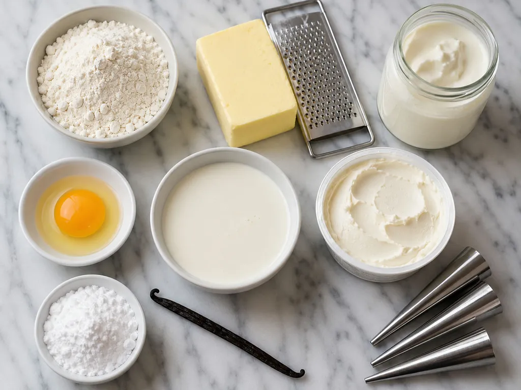 Ingredients for crispy cream horn pastries including flour, butter, sour cream and vanilla cream
