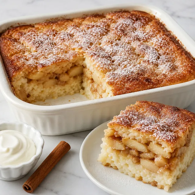 Golden baked rice and cinnamon apple casserole in a square dish with a cut wedge