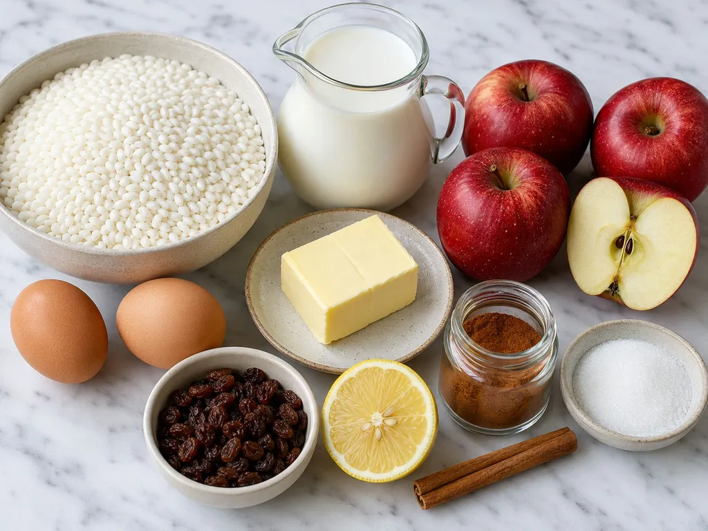 Raw ingredients for Polish baked rice with apples including rice, milk, and cinnamon