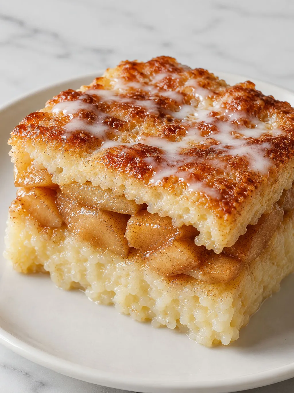 Close-up wedge of golden baked rice with cinnamon apples and cream