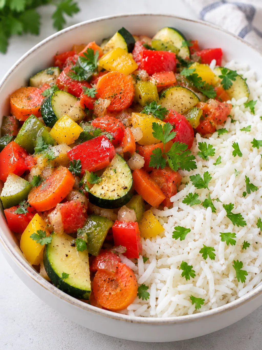 Kolorowy ryż z warzywami w białej misce z natką pietruszki