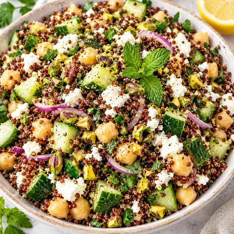 Sałatka Jennifer Aniston z quinoa, fetą, ogórkiem i pistacjami