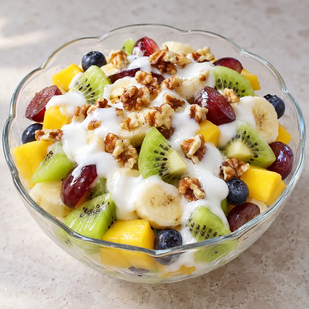 Sałatka owocowa z jogurtem, kiwi, mango, bananem i orzechami